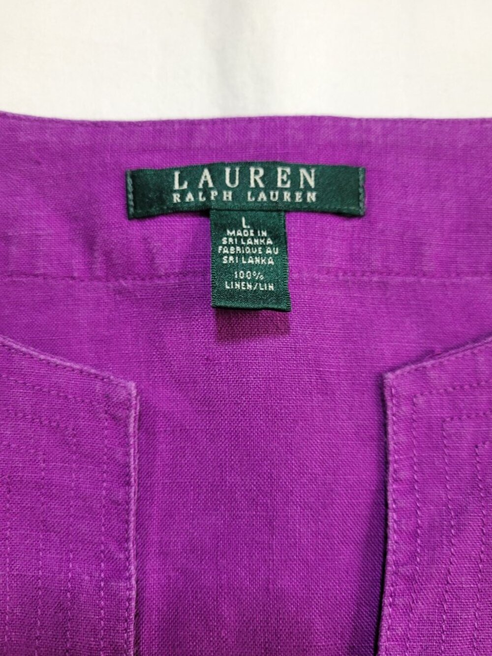 Lauren Ralph Lauren Purple 100% Linen V Neck Roll Tab Sleeve Top Large Preppy - Picture 3 of 9